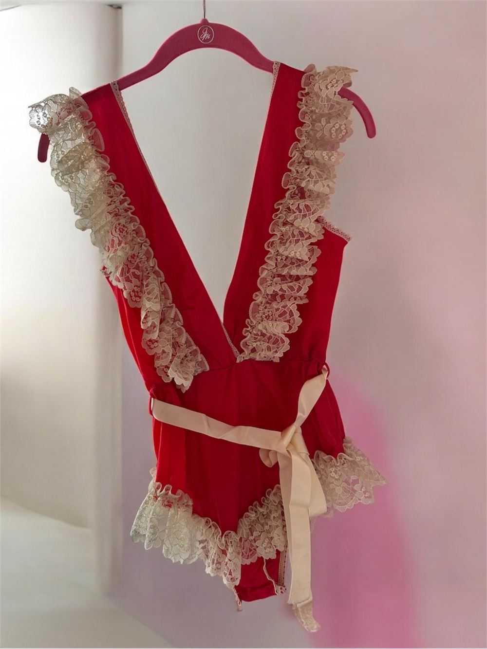 California Dream Teddy vintage lingerie 80s red cream lace small